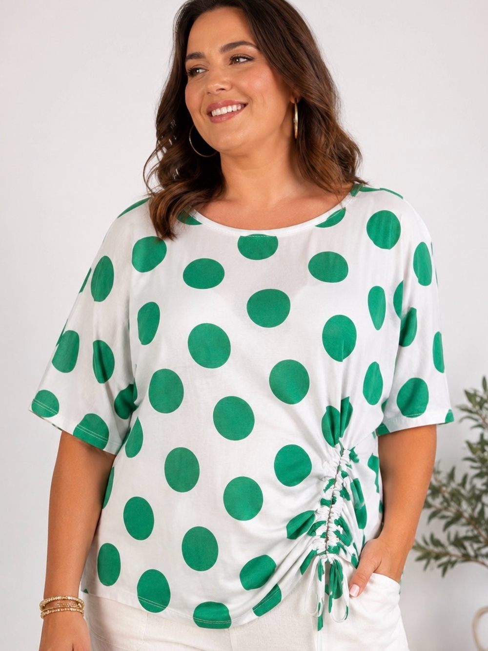 NEW STYLE Green White Polka Dot Ruched Cotton Blend Plus Size Top Made Italy